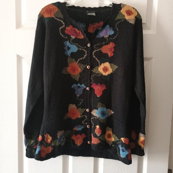EUC Carmen's Made in Peru 100% Alpaca Button Up Floral Knit Cardigan Sweater - Picture 1 of 9